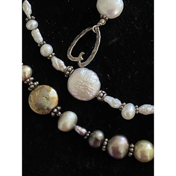 Genuine Baroque Coin Salt Water Pearls Crystals Necklace Sterling Silver - Picture 2 of 12
